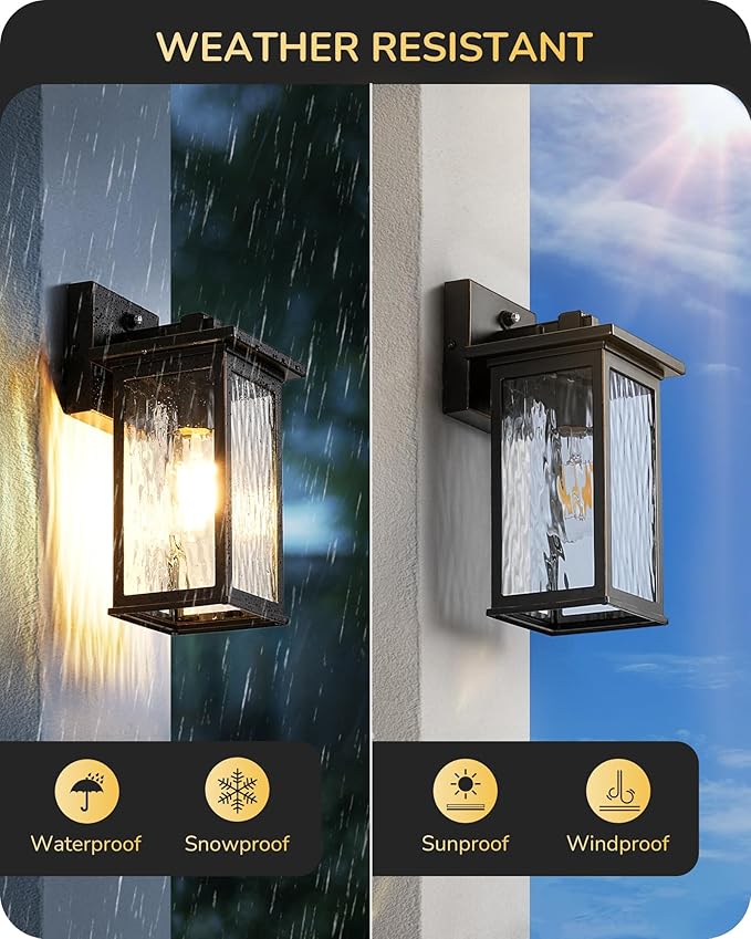EDISHINE 2 Pack Outdoor Wall Light Dusk to Dawn Exterior Light Fixture Modern Porch Light Wall Mount Sconce Clear Water Ripple Glass Black Metal Outside Wall Lantern for Front Door Garage Patio