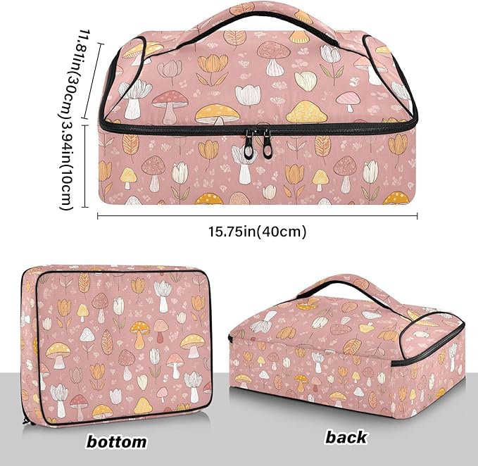 Casserole Carrier Cute Mushrooms and Tulips PrintInsulated Casserole Carrier for Hot or Cold Food Thermal Lunch Tote for Potluck Parties Picnic Beach Fits 9 x 13 Inches Baking Dish
