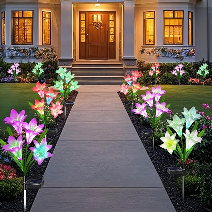Solar Lights Outdoor Waterproof 4 Pack Garden Decor Lights 16 Multi-Color Changing Lily Solar Flowers for Yard Patio Pathway Decor Gifts for Women Mom (4 Pack)