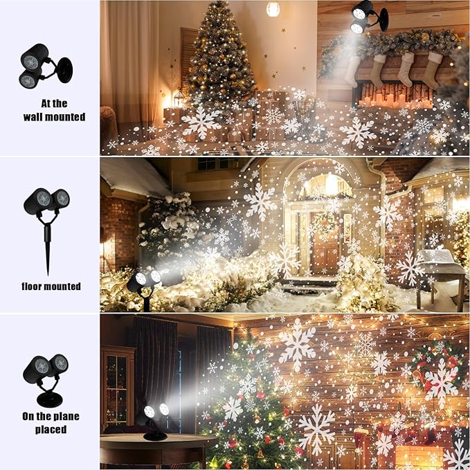 Christmas Snowflake Projector Lights Outdoor Double Head Snowflake Led Lights Waterproof Decorative Lighting Projection Lamp for Xmas Indoor Outdoor