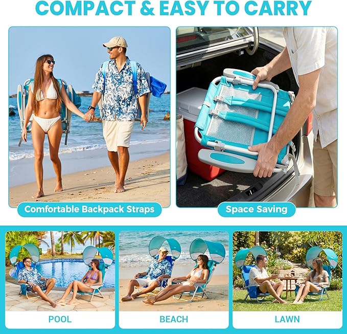 #WEJOY Beach Chair with Canopy Shade Reclining Adjustable 4 Position Lay Flat Lightweight Folding Portable Aluminum Chair with Backpack StrapsPadded headrest Heavy Duty 400lbs Lawn Chair for Beach