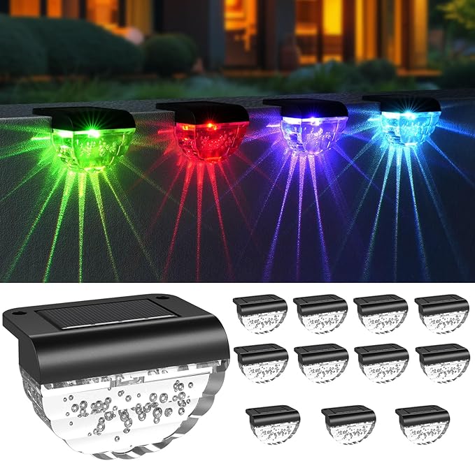 12 Pack Solar Deck Lights Outdoor Solar Step Lights Waterproof for Outside Yard Patio Garden Pool Railing Stairs Fence (Color Changing)