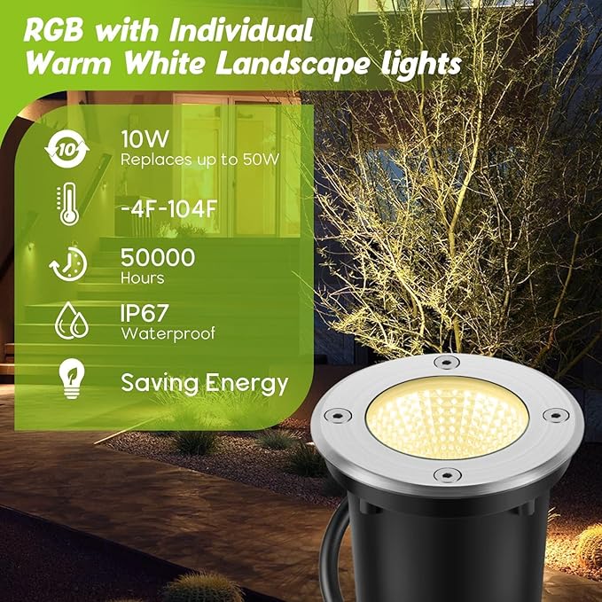 RGBW Warm White Low Voltage Landscape Lights 10W Color Adjustable LED Landscaping Lighting IP67 Waterproof Outdoor In-Ground Light 12V-24V Pathway Garden Deck Driveway Well Lights (2Pack)