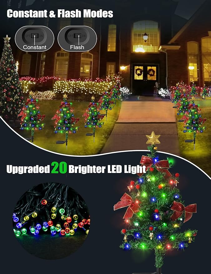 Solar Christmas Decorations Trees Lights Outdoor Waterproof 40LED-Lights Solar Yard Decorative Solar Stake Lights Xmas Tree Garden Decor with Constant &amp Flashing Modes for Pathway Lawn Patio 2P