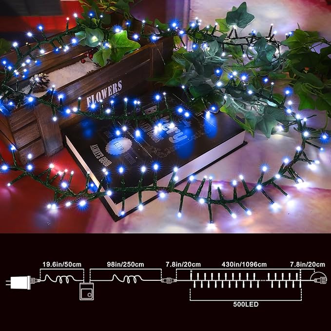 LAMPHOME 500 LED String Lights Outdoor 16 Modes Plug in Twinkle Fairy Lights for Bedroom 46ft 500LED Christmas Lights Cluster Lights Outdoor Waterproof -White&ampBlue