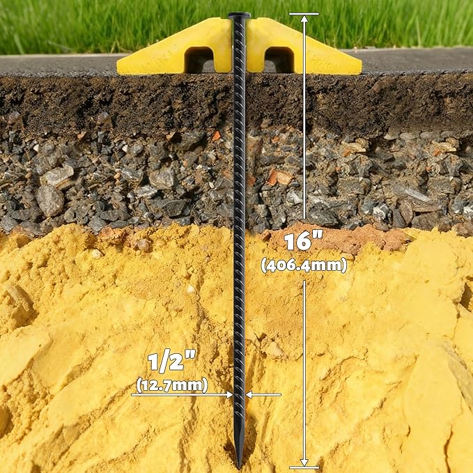 16 Inch Rebar Stakes - 1/2 Inch Diameter Galvanized Steel Ground Anchors Plant Support Metal Garden Stake Heavy Duty Anchoring Spikes for Speed Bump Parking Curb and Camping Tent (10 Pack)