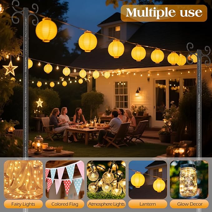 2 Pack Outdoor String Light Poles Metal Lights Hanging Pole with 4 Hooks and Rustproof for Patio Garden Deck Backyard Lawn Sunshade and Decor