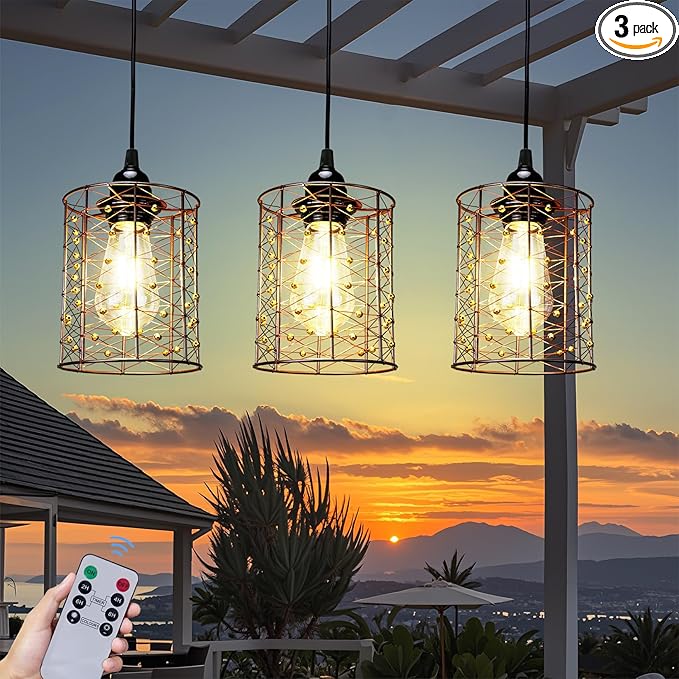 Battery Operated Hanging Outdoor Chandelier Battery Pendant Light Gazebo Lights Outdoor Waterproof 4 AA Batteries for Gazebo Pergola Porch Patio Indoor/Outdoor Decor Lighting (3)
