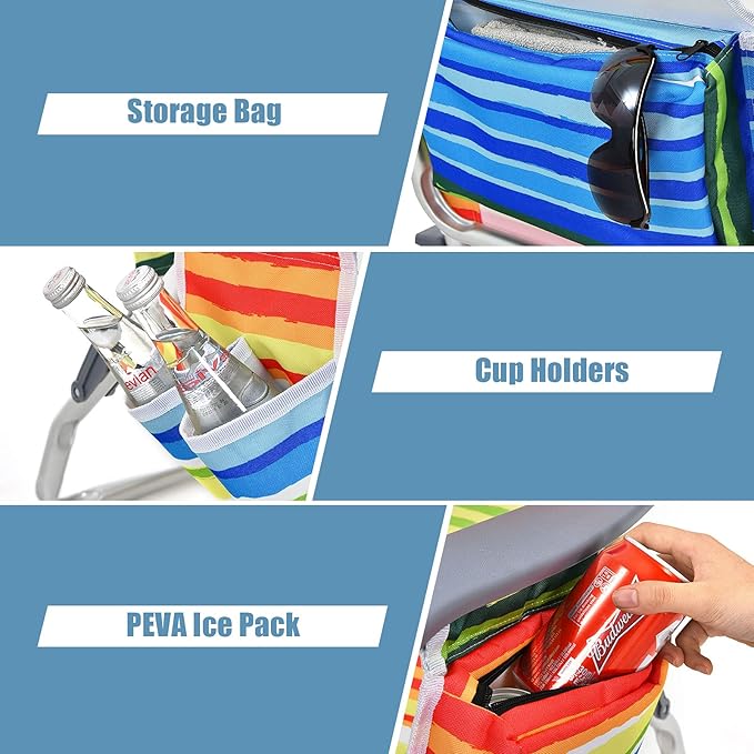Giantex Folding Beach Chair Patio Sling Chairs with 5 Adjustable Position Head Pillow Storage Bag Towel Bar Cup Holders Backpack Chairs for Sunbathing Camping Chair