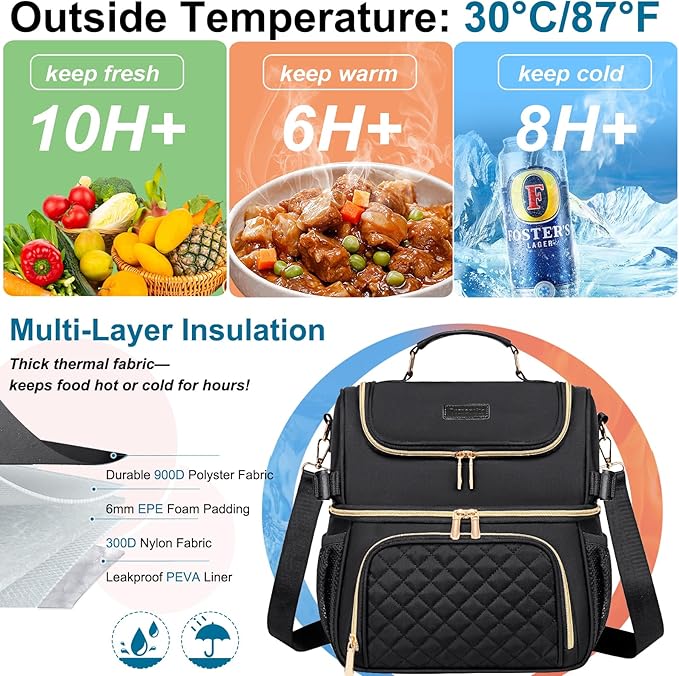 Lunch Bags for Women Dual Compartment Lunch Box Lunch Bag for Work Leakproof Lunch Cooler Large Insulated Lunchbox for Adult for Women Men Lunchbag for Picnic Beach (Black)