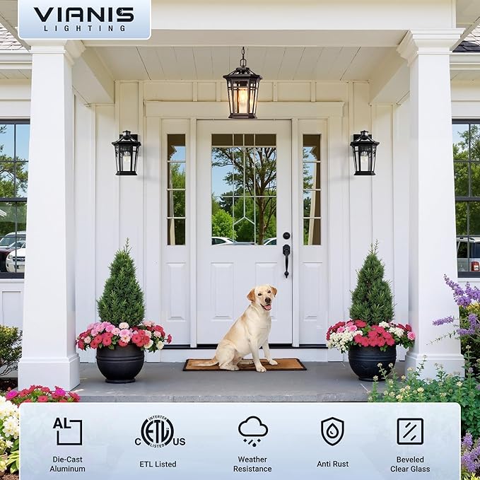 VIANIS Large Outdoor Pendant Light Oil Rubbed Bronze Outside Hanging Lights Hanging Porch Light Fixture with Adjustable Chain 100% Aluminum Waterproof Anti-Rust Ceiling Lighting for House Doorway