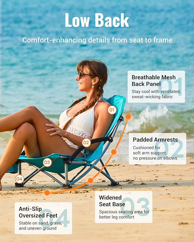 KingCamp Low Beach Chair High Back Folding Camping Chair for Adults Oversized Breathable Mesh Seat 300lbs Heavy Duty Portable Chair with Cup Holder &amp Storage Pockets for Beach Outdoor