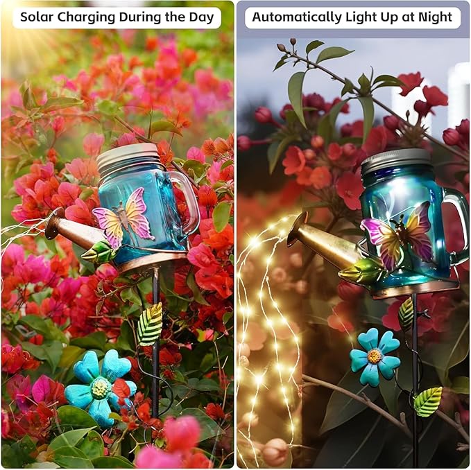 Solar Watering Can Light Yard Outdoor Decor Lights IP65 Waterproof Hanging Butterfly Garden Light Outside Garden Flower Bed Decor Women Gift Birthday Gifts