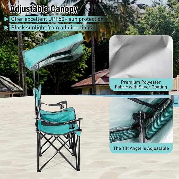 S AFSTAR Camping Chair with Canopy 2-Person Folding Beach Chair with Cup Holders 3-Side Shading Curtains &amp Cooler Bag Foldable Loveseat Lawn Chair for Camping Outdoor &amp Fishing (Turquoise)