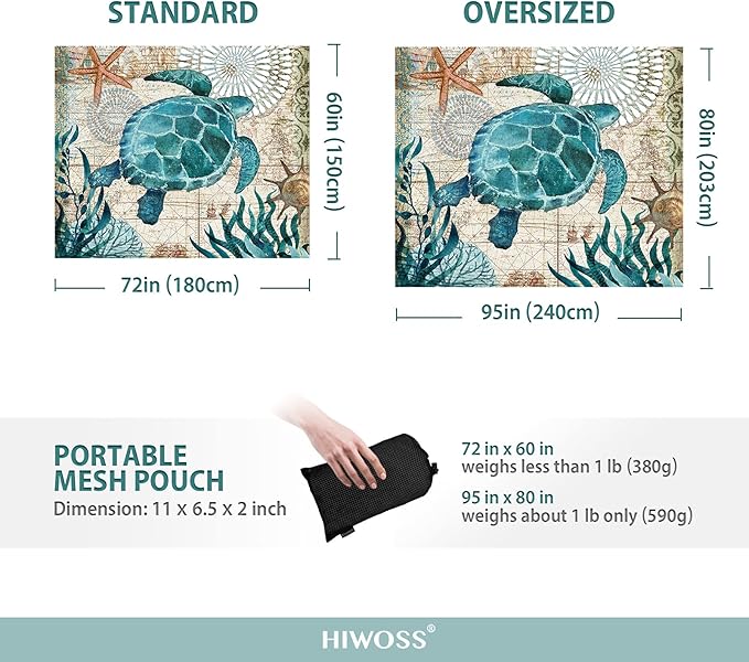 Beach Blanket Waterproof Sandproof Oversized 95”x 80”Sand Free Beach Mat with Corner PocketsPortable Mesh Bag for Beach FestivalPicnicTravel and Outdoor Camping (Seaturtle)
