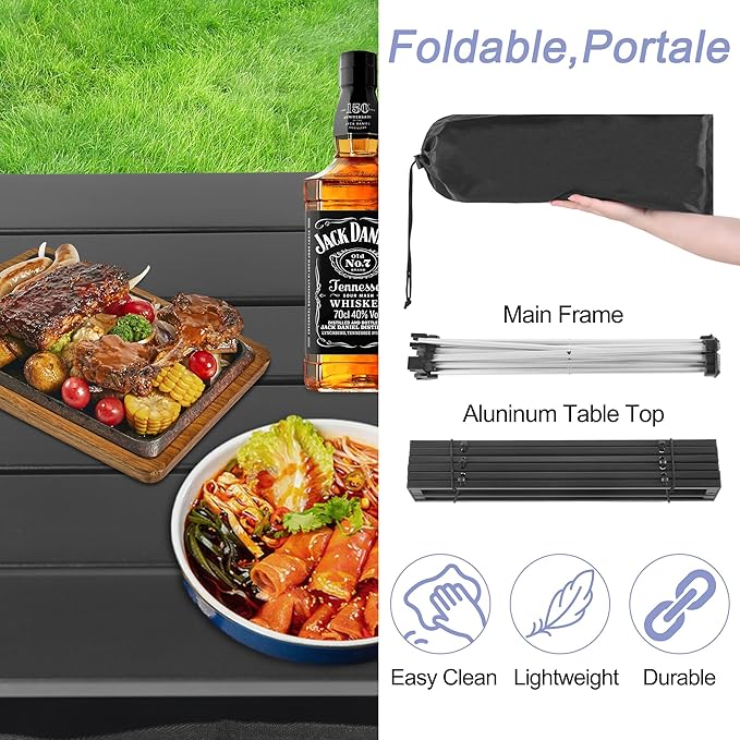 Grope Portable Camping Table Ultralight Aluminum Camp Table with Storage BagBeach Table for Sand with Carrying BagPrefect for OutdoorPicnicBBQCookingFestival (Black with Storage Bag-S)