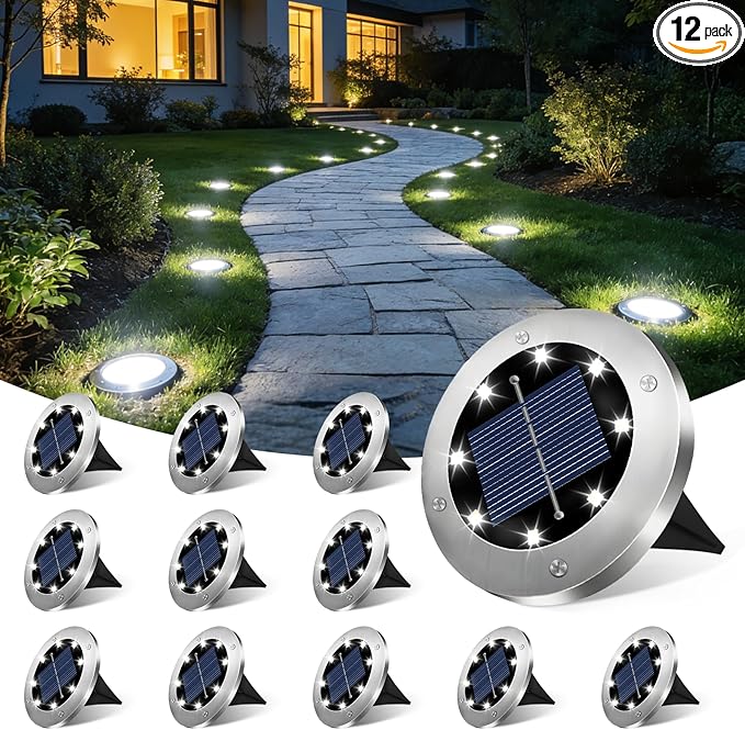 4.6 Inch Solar Ground Lights 12 Pack Solar Lights Outdoor Waterproof Solar Garden Lights Outdoor Landscape Lighting for Pathway Walkway Patio Yard Driveway Cool White