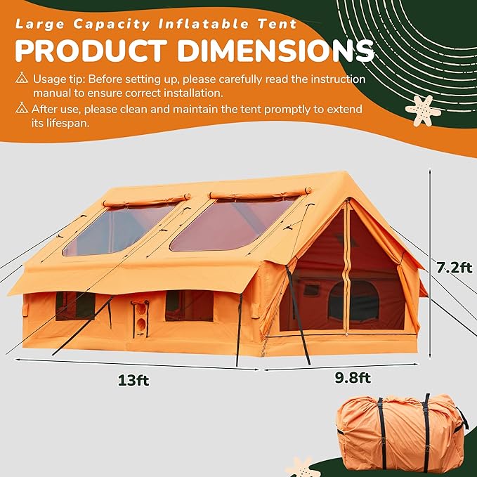 EROMMY 4/6/8/12 Person Inflatable Tent with Skylight 4 Season Blow Up Tents with Hand Pump for Outdoor Camping &amp Hiking Easy Set-up Windproof Sunproof Waterproof
