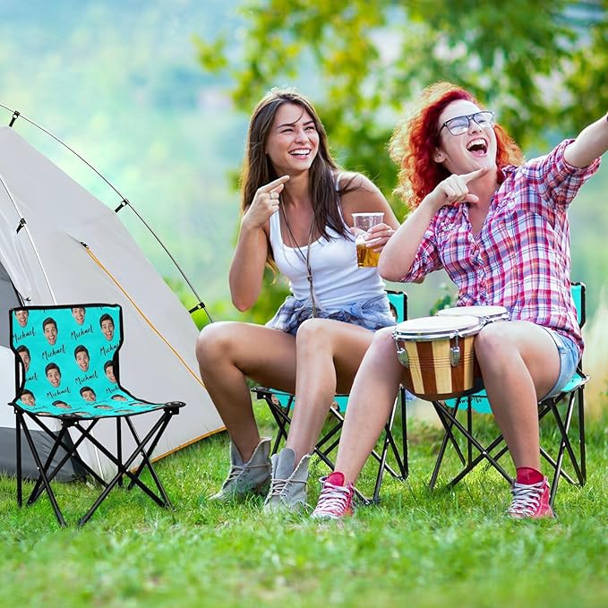 Sinestour Cyan Custom Photo Folding Camping Chair for Teen Child Personalized Name 14.6×14.6in Portable Outdoor Chair with Carry Bag for Picnic Barbeques Beach