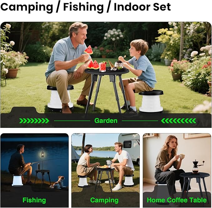 LED Camping Table Set with Stools 300lbs Capacity Adjustable Height Folding Table &amp Chairs All-in-One Compact Design for Outdoor Camping Picnic Tailgating