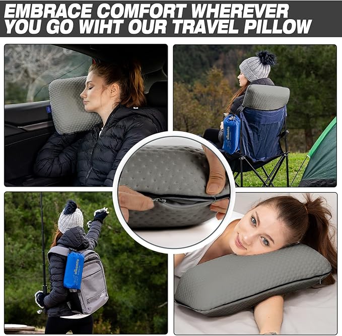 alkamto Travel &amp Camping Comfortable Memory Foam Pillow – Easy to Carry Portable Bag – Temperature Regulating Pillow Case (Grey)