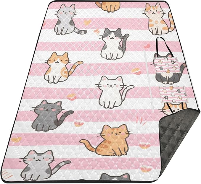 KLL Pink White Stripes Cartoon Cat Waterproof Picnic Essentials Packable Hiking Camp Rug for Ground Spring Gifts manta para picnic campo
