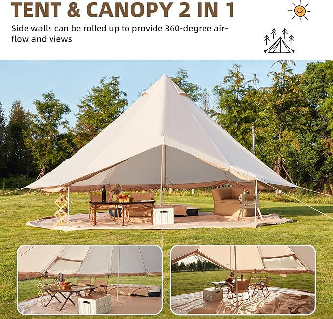 YOLENY Bell Tent Yurt Tent 4/6/8/10 Person 4 Season Waterproof Glamping Tents w/Stove Jack for Family Camping Outdoor Party Glamping Tents for Camping - 10/13.1/16.4FT