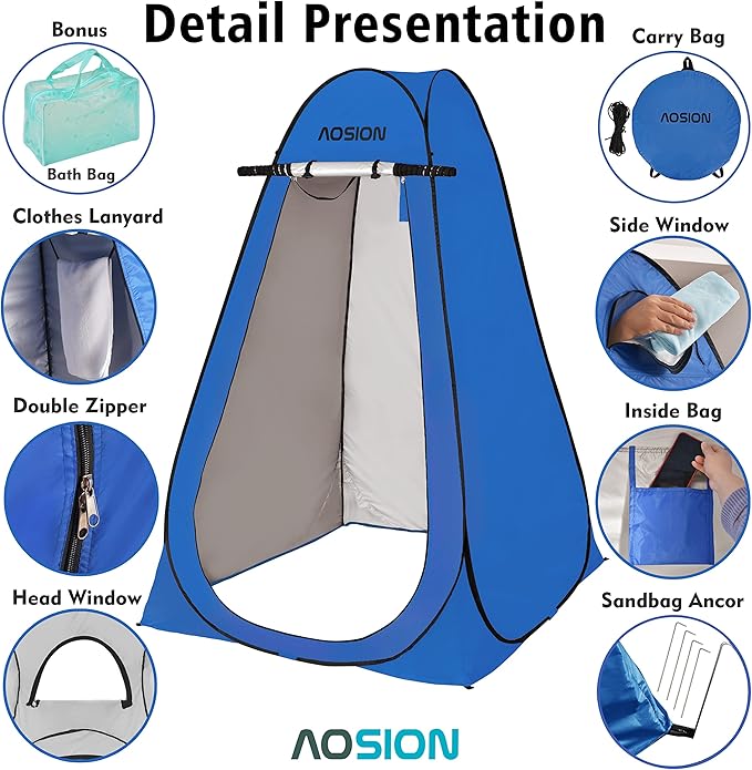 AOSION Privacy Shower TentPop Up Changing TentCamp Bathroom Changing Dressing RoomSun Sunshade Canopy Outdoor Rain Shelter for Camping Hiking Beach Picnic Fishing. (Blue)