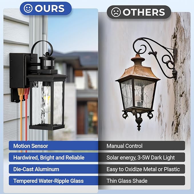 Outdoor Wall Sconce Lights with GFCI Outlet Modern Black Gold Trim Motion Sensor Outdoor Garage Lights Wall Mount Sconce Lantern Die-cast Aluminum Exterior Lighting Fixtures for House Porch
