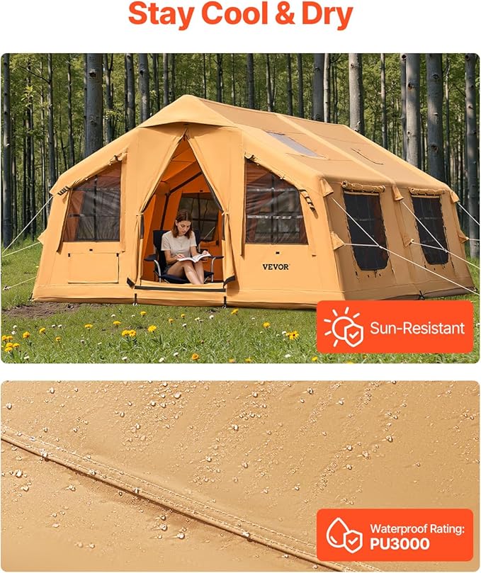 VEVOR Inflatable Tents for Camping Easy Setup Blow up Tent with Hand Pump 4 Season Glamping Tent with Stove Jack Doors &amp Mesh Windows Storage Bag Included for Easy Taking