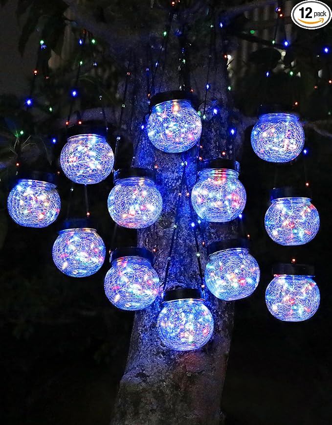PARTPHONER Solar Lights Outdoor Waterproof 12-Pack Solar Powered Hanging Lantern Cracked Glass Hanging Globes for Yard Decor Christmas Decoration Shepherd Hook Garden Tree Ornaments RGB