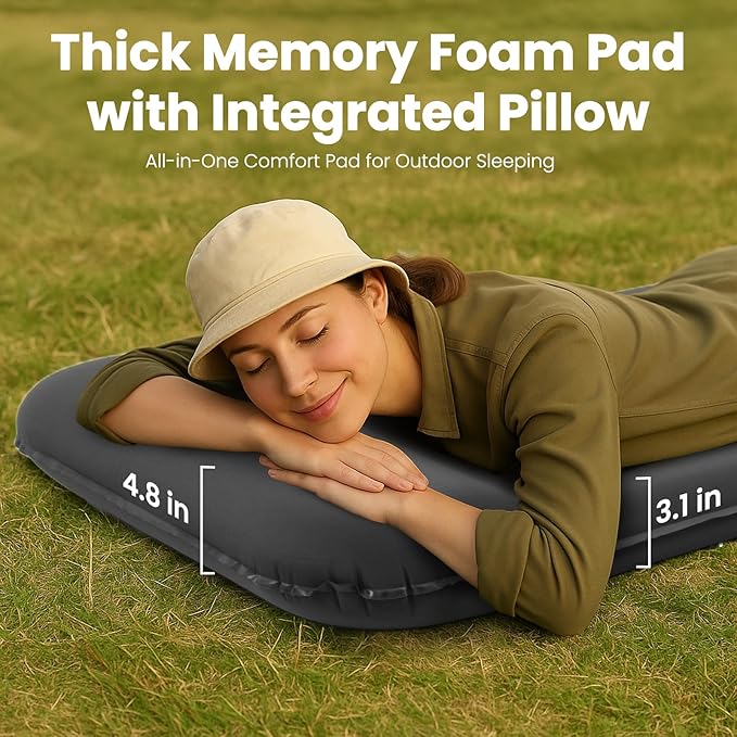 Camping Sleeping Pad with Electric Pump 3.15 Thick Self Inflating Memory Foam Camping Mattress Pad with Pillow 4-Season Portable Camp Sleeping Mat for TravelCarTentHome-Grey
