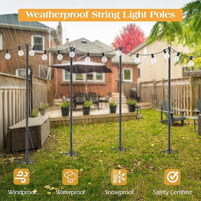 4 Pack String Light Poles Metal Lights Hanging Pole with 2 Hooks and Rustproof for Yard Patio Decor Camping Sun Shades Outdoor Outside Decor