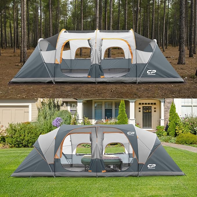 CAMPROS CP Tent 12-Person-Camping-Tents3 Room Family TentsWaterproof Windproof Family Tent with Top Rainfly6 Large Mesh WindowsDouble LayerEasy Set Up Portable with Carry Bag-20' x 9' x 72(H)