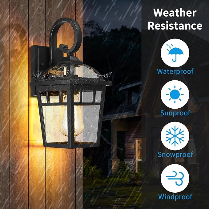 Front Porch Lights Outdoor Wall Lights Exterior Wall Sconce Matte Black Exterior Light Fixtures with Seeded Glass Farmhouse Outdoor Lighting Fixtures for House Garage Porch Patio 2 Pack