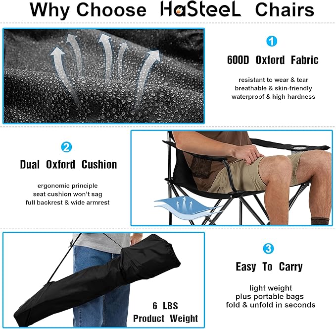 Foldable Camping Chair Set of 2 HaSteeL Folding Camp Chairs &amp Carrying Bags for Adults Portable for Lawn Outdoors Fishing Hiking Travel Picnic Beach Oversized &amp Supports 275lbs (Black