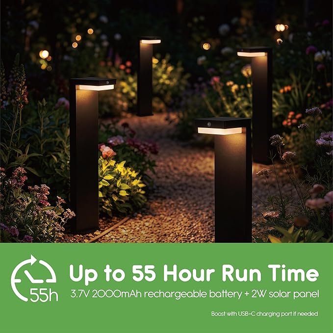 Solar Pathway Lights - Walkway Solar Lights for Outside - PIR Sensor &amp Two Lighting Modes - Rechargeable Battery Lasts Up To 55 Hours - 3000K - IP44 Weather Resistant - 4 Pack - 20.5 Height