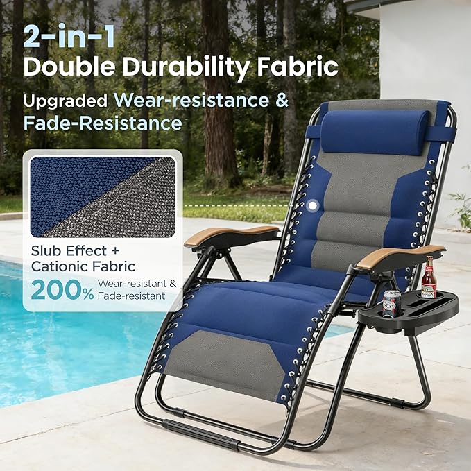 PHI VILLA XXL Oversized Padded Zero Gravity Chair Foldable Patio Recliner 30 Wide Seat Anti Gravity Lounger with Cup Holder Support 400 LBS (Thumb Blue)