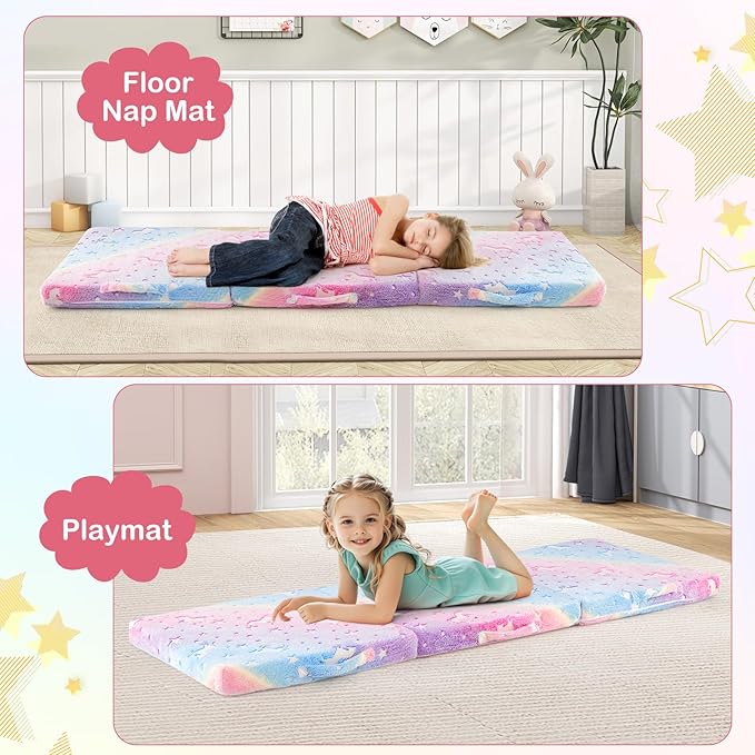 Costzon Foldable Floor Mattress for Kids Glow in The Dark Toddler Floor Nap Mat w/Washable Flannel Cover Tri-Folding Children Floor Bed for Sleeping Daycare Playroom School Kindergarten or Nursery