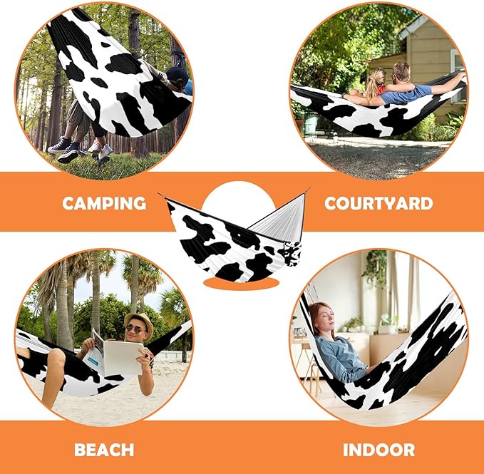 Outdoor Camping Hammock Cow Print Pattern Double Single Hammocks with 2 Tree Straps Lightweight Portable Heavy Duty Nylon Hammocks for Backpacking Travel Beach Backyard Patio Hiking