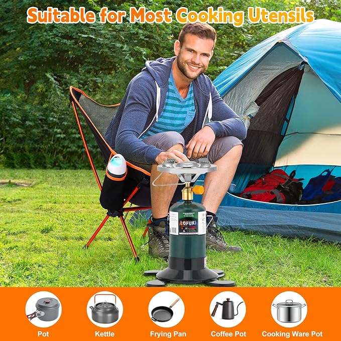 Camping Stove Propane Portable Backpacking Cooker with Single Burner Adjustable Flame Foldable Base Camp Stove Kit for Outdoor Cooking Hiking Emergency Essential (Fuel not Included)