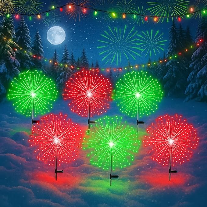 6 Pcs Christmas in July Solar Firework Stake Lights 180 LED 8 Modes Solar Waterproof LED Sparkler Lights Outdoor Decoration for Garden Patio Yard Pathway Walkway Lawn (Red Green)