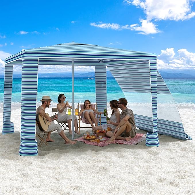 MoKo Beach Cabana 8'×8' Large Beach Canopy with Side Wall UPF 50+ Protection Easy Setup Beach Tent Sun Shelter Adjustable Height Wind Resistant Cabana Beach Tent for Whole Family Blue-Green Stripe