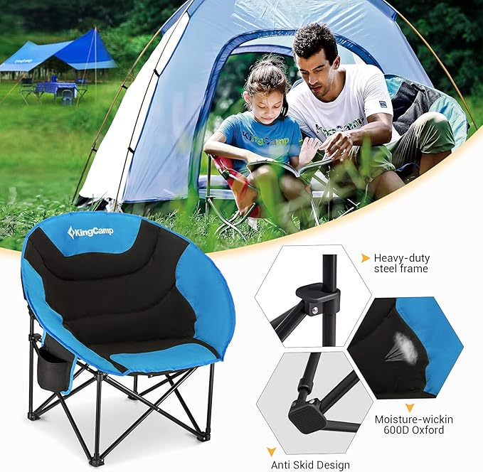 KingCamp Oversized Saucer Round Camping Chair Portable Padded Outdoor Folding Chair for Adult with Cup Holder Back Pocket Carry Bag Support Up to 300lbs Blue