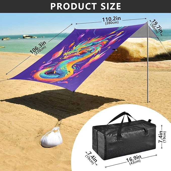 ALAZA Rainbow Dragon Beach Tent Sun Shelter UPF50+ Protection Beach Shade Canopy w/ 4 Sandbags for Outdoor Camping Fishing Backyard Fun Picnic 10x9 ft