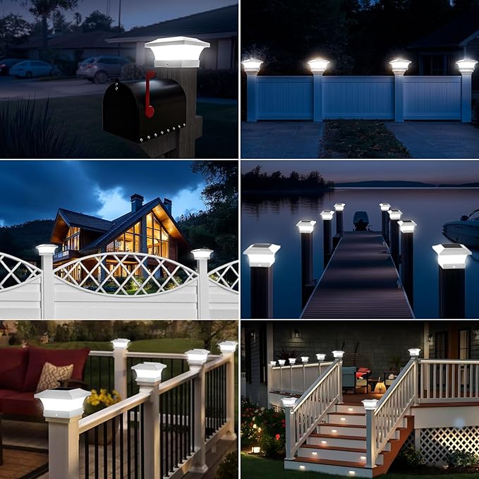 T-SUN Solar Post Cap Lights Waterproof Outdoor Solar Powered Deck Fence Post Lights for 4 X 4 Wooden/Vinyl Posts 6000K Cool White Lighting Decor for Deck Patio Garden Porch Fence(White -12 Pack)
