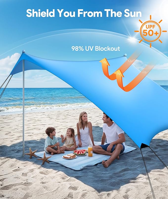 Beach Tent Sun Shelter 10 x 10 FT Beach Canopy Tent Sun Shade UPF50+ Tents Canopy with 8 Sandbags &amp 4 Stability Poles Outdoor Tents for Camping Fishing Sky Blue