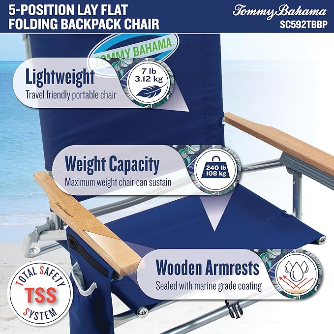 Tommy Bahama 5-Position Classic Lay Flat Folding Backpack Beach Chair Blue and Green Stripe 23 x 25.25 x 31.5