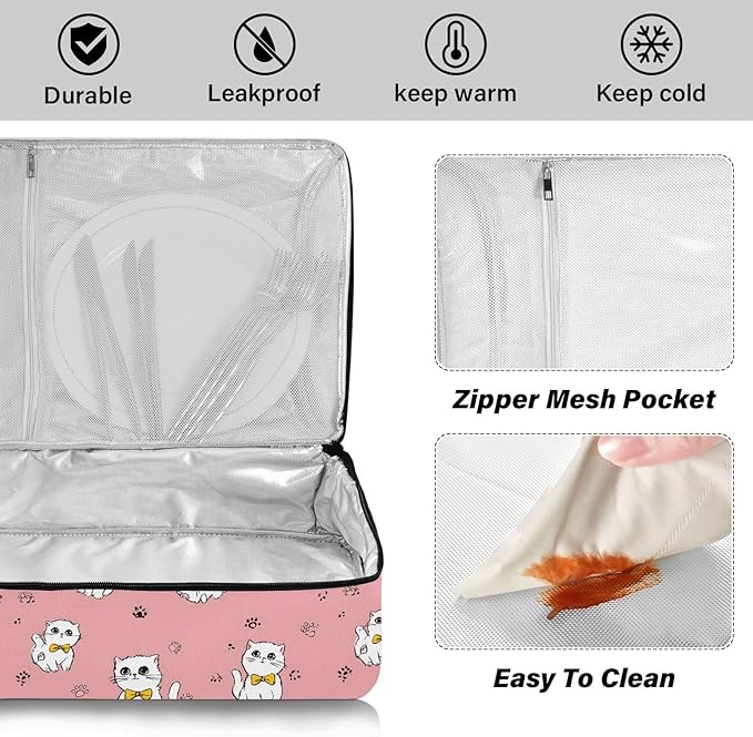 Casserole Carrier White KittensInsulated Casserole Carrier for Hot or Cold Food Thermal Lunch Tote for Potluck Parties Picnic Beach Fits 9 x 13 Inches Baking Dish