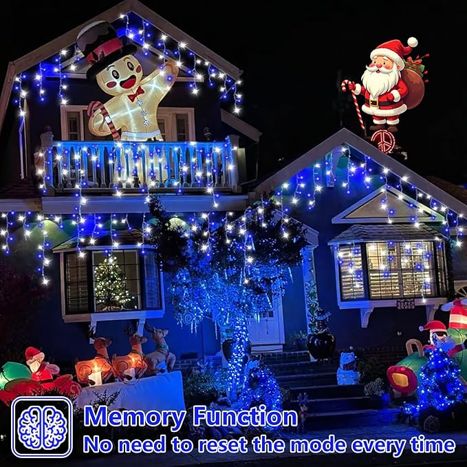 QITONG Blue and White Icicle Lights for Outside 33ft 400 LED String Light Indoor Plug in 8 Modes Connectable Icicle Christmas Light Clear Wire